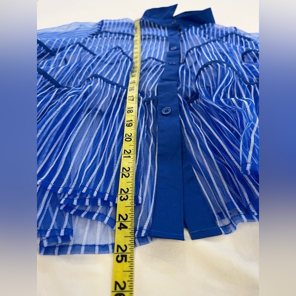 C Yard Blue Sheer Striped Button Front Peplum Top, Size Large - Picture 9 of 12